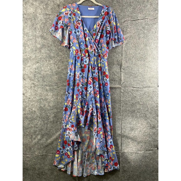 Parker Midi Wrap Dress Small Blue Floral Print Short Sleeve A-Line High-Low - Picture 2 of 11
